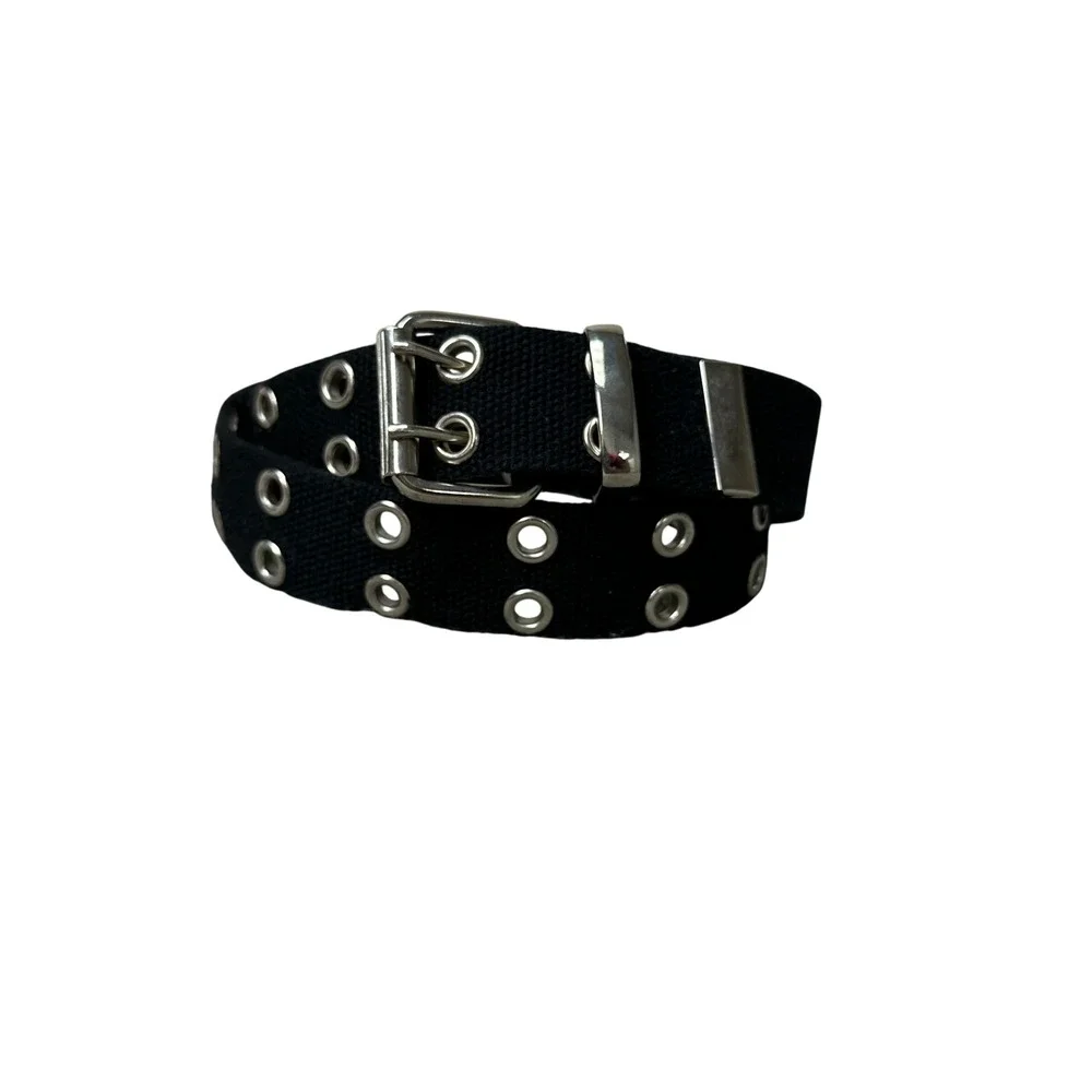 Black Canvas Double Grommet Belt Silver Tone Double Prong Buckle Y2K Punk Grunge